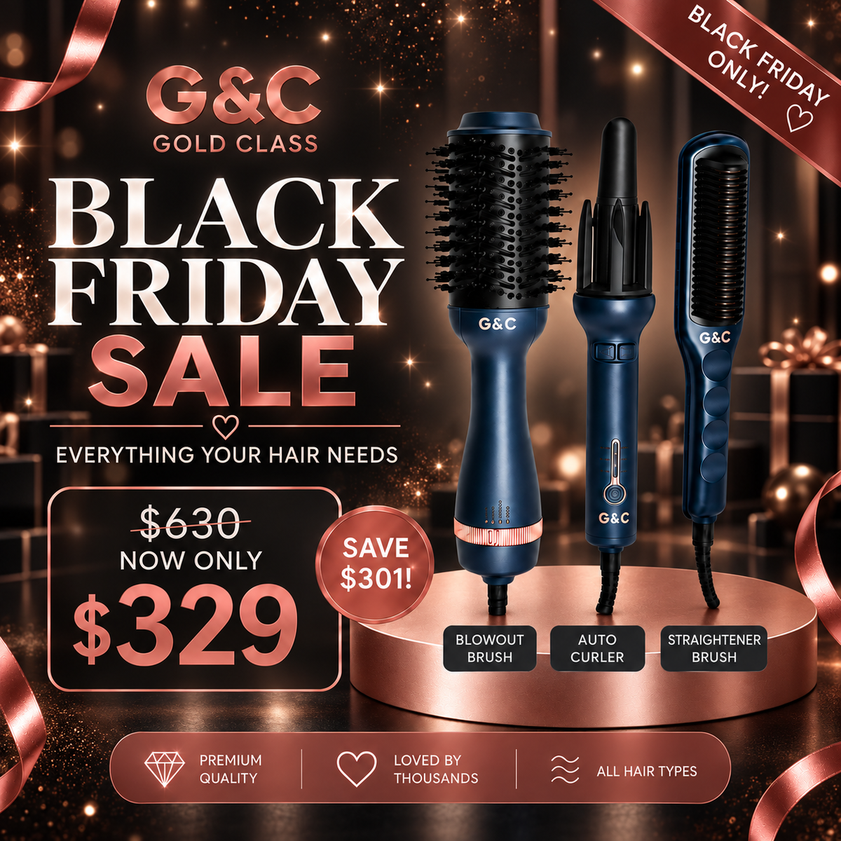 G&C Ultimate Styling Bundle - Auto Curler + Blowout Brush + Straightener Brush