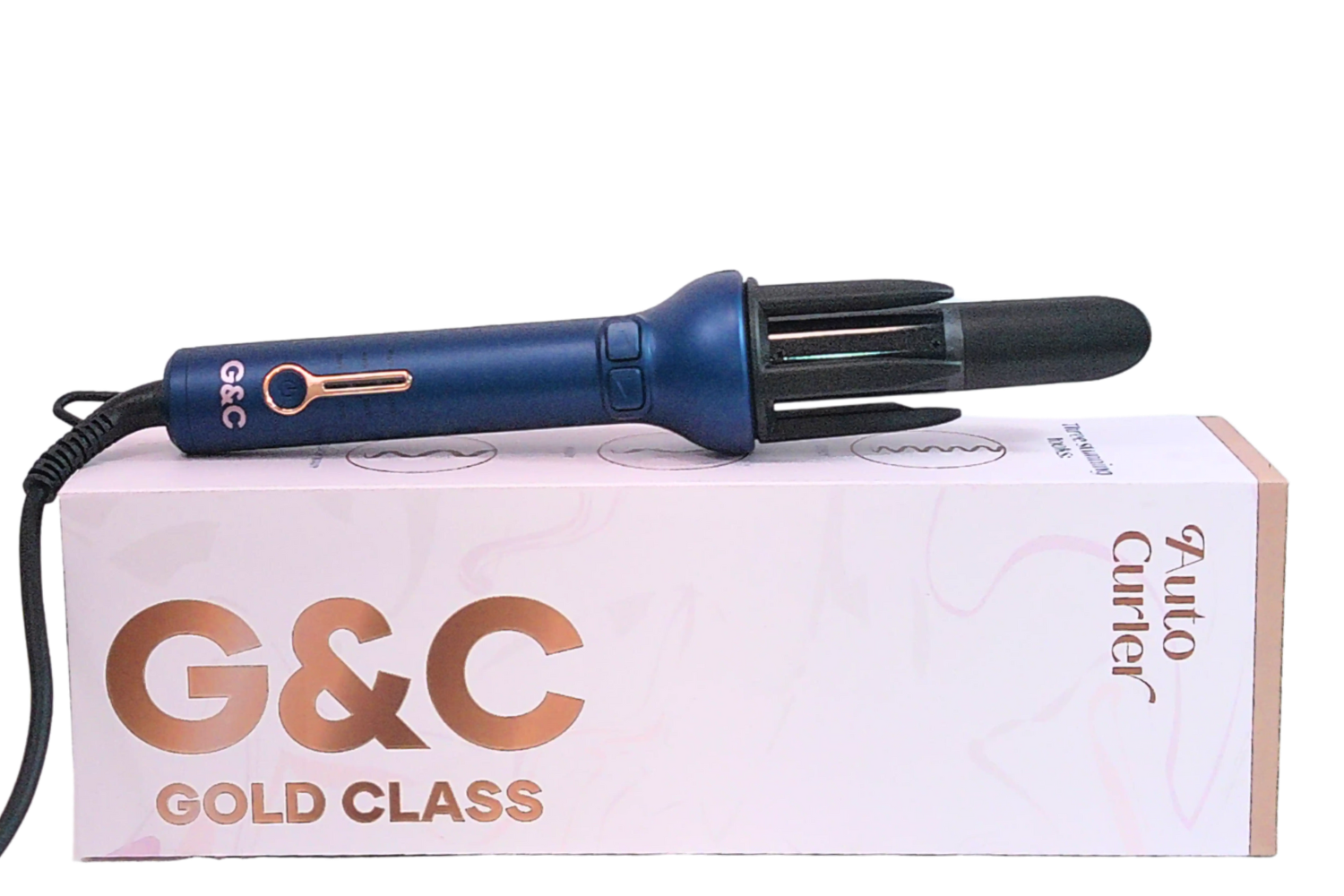 Blue hair styling tool on a white background with 'G&C Gold Class' branding. automatic curler