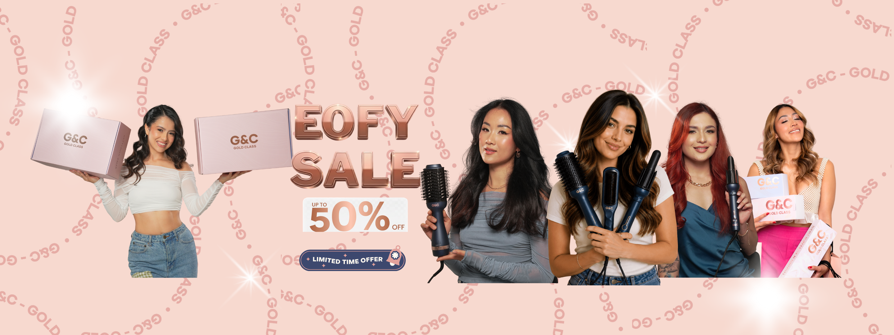 Promotional banner with models holding hair styling tools and G&C products, featuring a 'End of Year Sale' offer. for gold class g&c australian hair tool brand