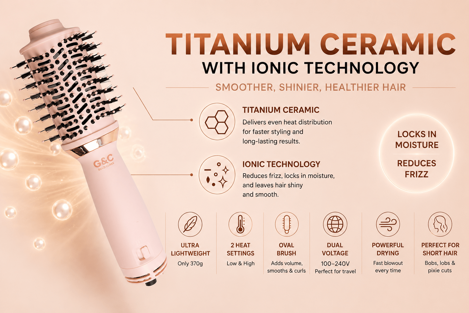 G&C Mini Blowout Brush | Dual Voltage Travel Blow Dry Brush Australia – professional hair tool by Gold Class G&C