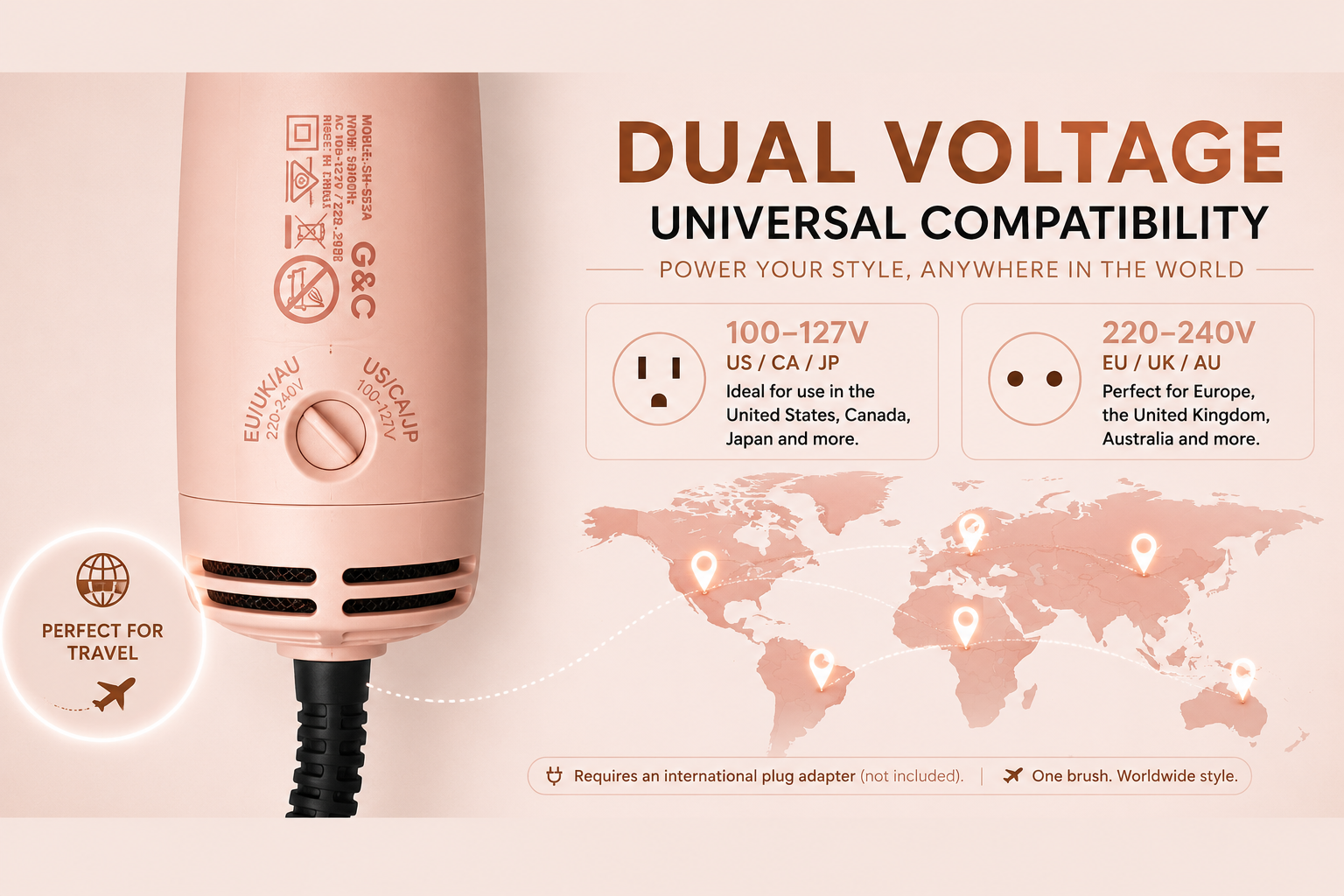 A pink dual-voltage hair dryer shown on a beige promotional background with text highlighting universal compatibility for 100-127V US/CA/JP and 220-240V EU/UK/EU, plus a world map graphic. Mini Blowout Brush Dual Voltage Travel small Dryer Brush G&C – professional hair tool by Gold Class G&C
