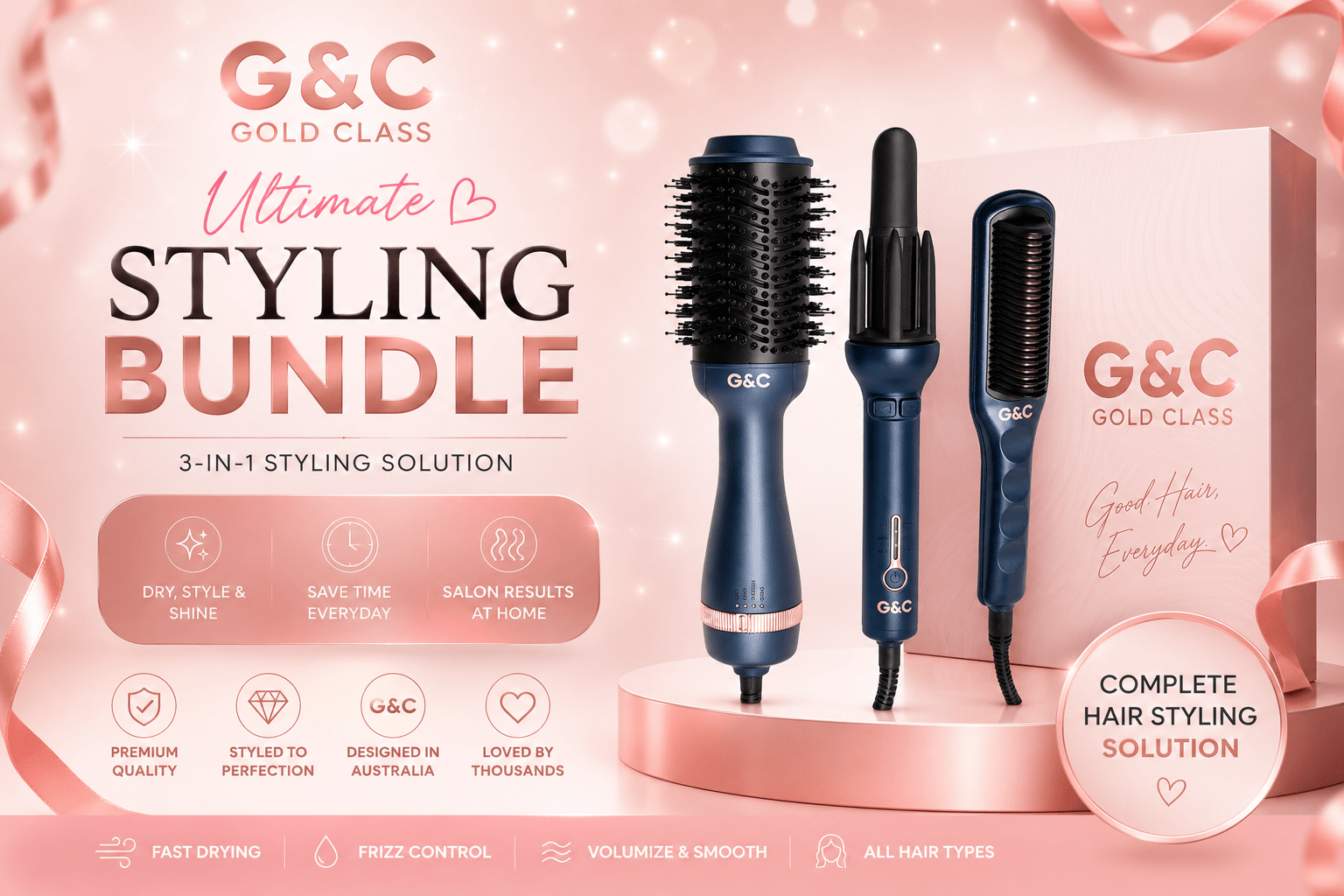 G&C Ultimate Styling Bundle — Auto Curler + Blowout Brush + Straightener Brush | EOFY Sale – professional hair tool by Gold Class G&C