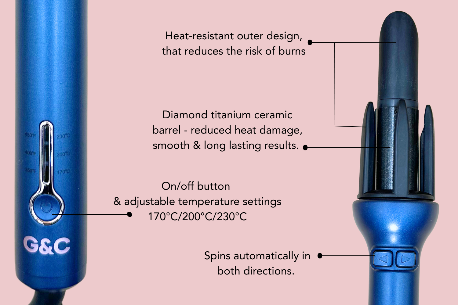 Blue hair styling tool with features highlighted g&c automatic curling iron gold class