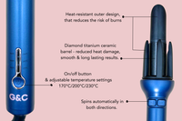 Blue hair styling tool with features highlighted g&c automatic curling iron gold class